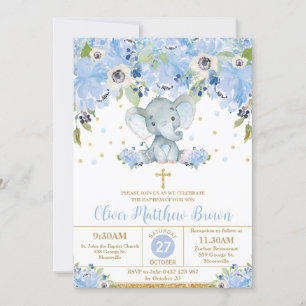 Invitation Baptême bleu floral mignon éléphant baptême Christ