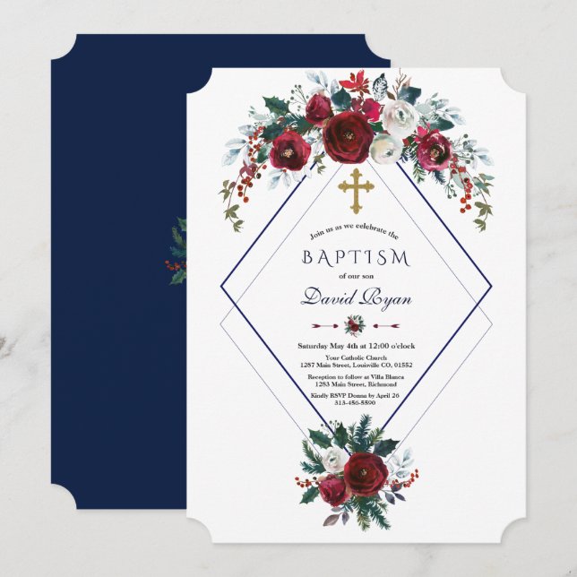 Invitation Baptême bleu marine de la marine florale de Bourgo (Devant / Derrière)