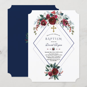 Invitation Baptême bleu marine de la marine florale de Bourgo
