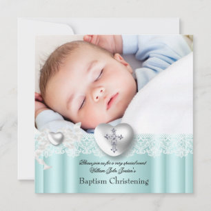 Invitation Baptême Bleu Menthe Broderie Photo Cœur Croix Garç