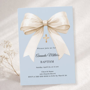 Invitation Baptême bleu poussiéreux beige noeud garçon