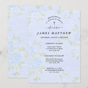 Invitation Baptême Bleu Rose Floral Christian