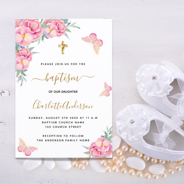 Invitation Baptême bleu rose florale papillon fille luxe (Créateur téléchargé)