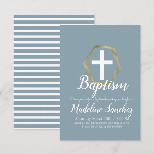 Invitation Baptême Blue Gold Dedication Christening (Devant / Derrière)