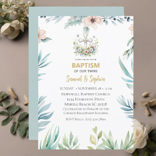 Invitation Baptême Blue rose Floral Cross jumeaux