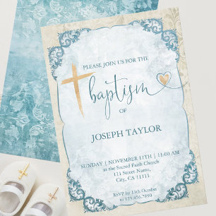 Invitation Baptême Blue Rustic Gold Cross Christening