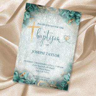 Invitation Baptême Blue Rustic Gold Cross Christening