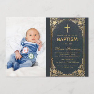 Invitation Baptême Blue Vintage Boy Photo Gold Cross & Script
