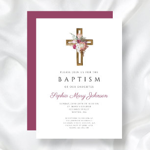 Invitation Baptême bohème floral rouge élégant Croix 