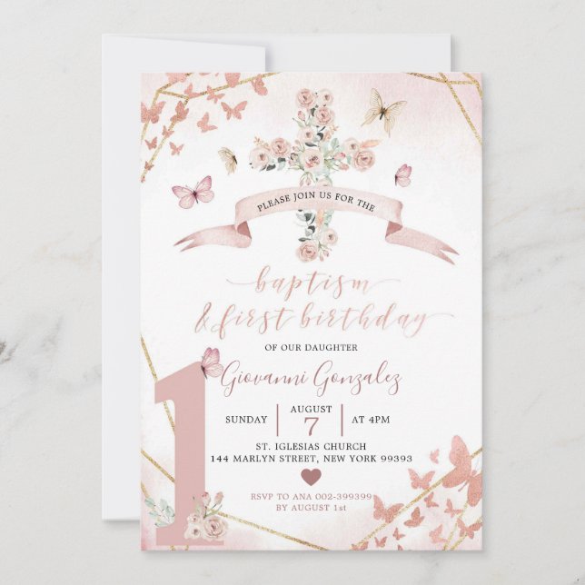 Invitation Baptême Boho Blush Pink Butterfly & 1er anniversai (Devant)