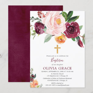 Invitation Baptême bordeaux rose pâle automne