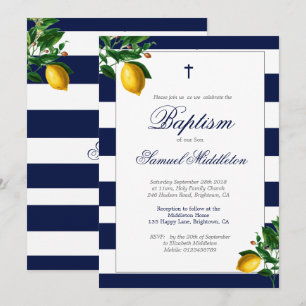 Invitation Baptême Boy Navy Stripes Lemons Argent Religieux