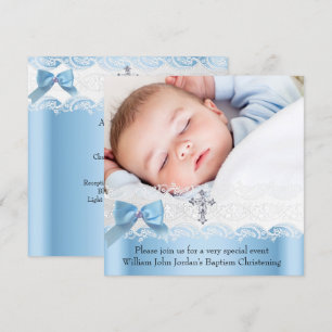 Invitation Baptême Boy Photo Blue White Lace Jewel Cross 2