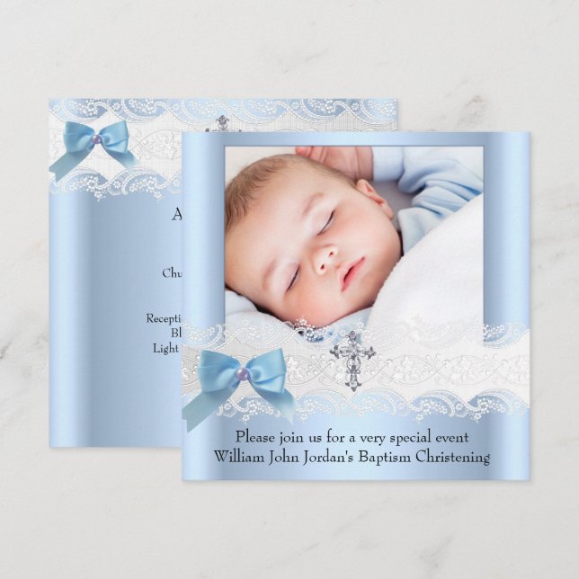 Invitation Baptême Boy Photo Blue White Lace Jewel Cross 3 (Devant / Derrière)