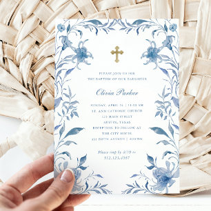 Invitation Baptême Cadre floral bleu et blanc Chinoiserie