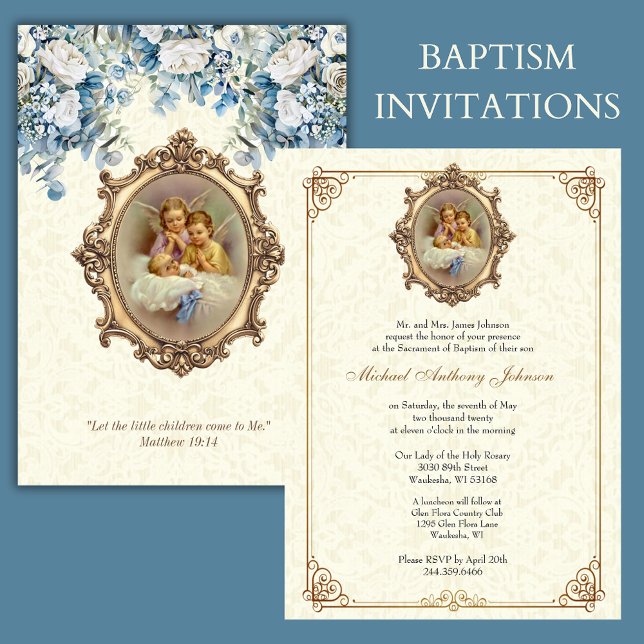 Invitation Baptême catholique Angels de baptême Floral (Créateur téléchargé)