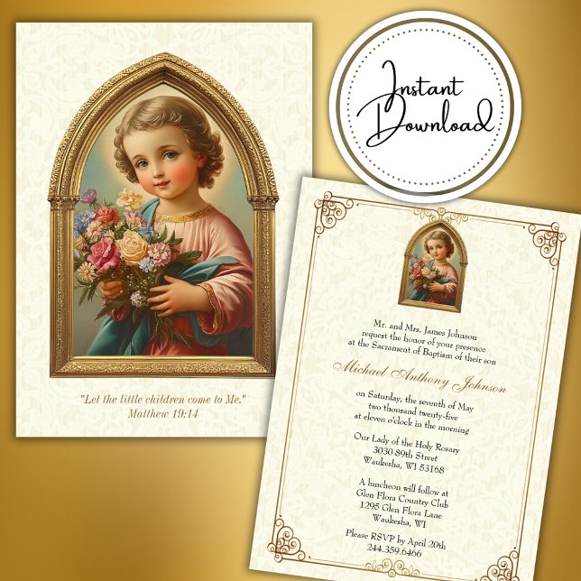 Invitation Baptême catholique Christening Floral Enfant Jésus (Créateur téléchargé)