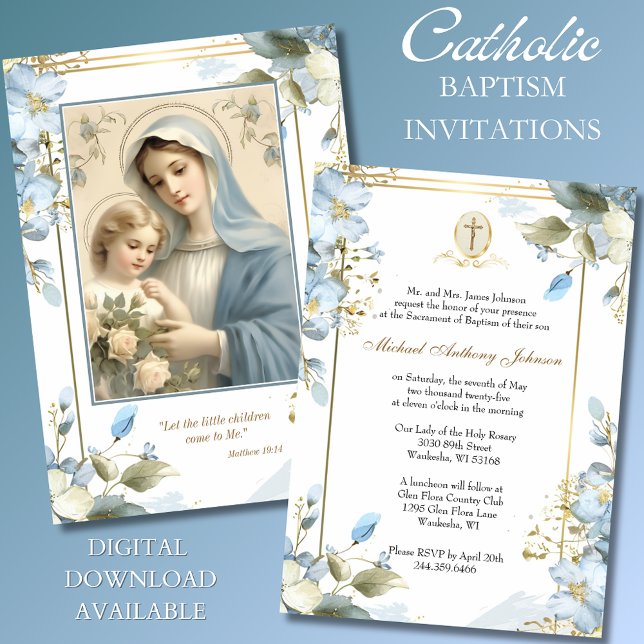 Invitation Baptême catholique Christening Mary Jesus Blue (Créateur téléchargé)