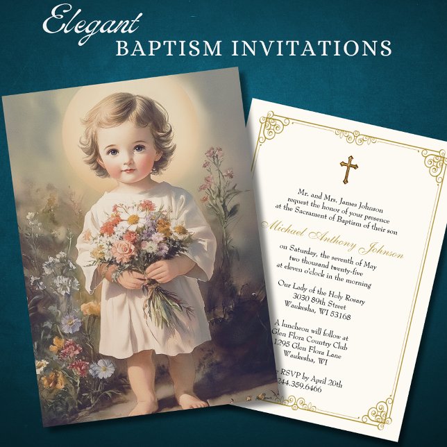 Invitation Baptême Catholique Enfant Floral Jésus (Créateur téléchargé)