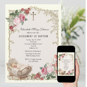 Invitation Baptême Catholique Fille Vintage Roses Croix