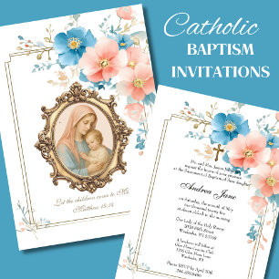 Invitation Baptême catholique Floral Jésus bénit Mère Invit