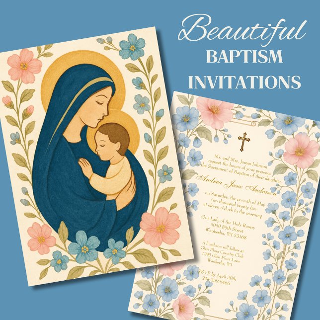 Invitation Baptême catholique Floral Marie et bébé Jésus (Créateur téléchargé)