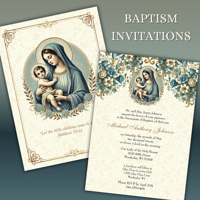 Invitation Baptême catholique Marie et Jésus Floral (Créateur téléchargé)