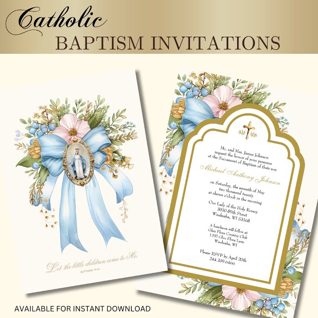 Invitation Baptême catholique mère florale Mary Christening (Créateur téléchargé)