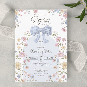 Invitation Baptême chrétien de fille Pastel arc-en-ciel fleur
