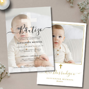 Invitation Baptême chrétien moderne Bautizo Photo Croix dorée