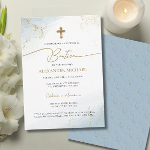 Invitation Baptême chrétien moderne garçon croix bleue Bautiz