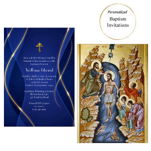 Invitation Baptême Chrétien Orthodoxe Or Métalisé Bleu Profon