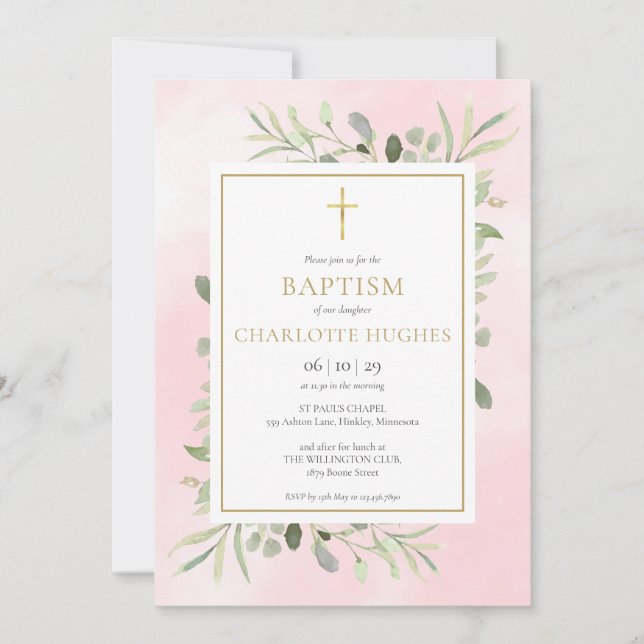 Invitation Baptême Christening Aquarelle rose Verdure (Devant)