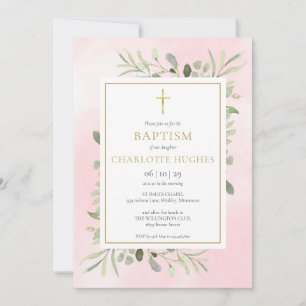 Invitation Baptême Christening Aquarelle rose Verdure