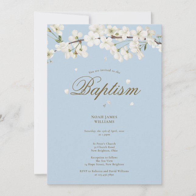 Invitation Baptême Christening Blossom Floral Élégant Bleu (Devant)