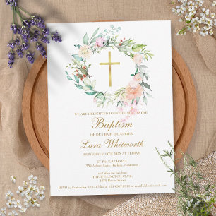 Invitation Baptême Christening Bois Floral Garland