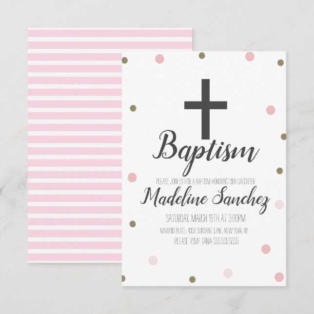 Invitation Baptême Christening Confetti Pink Foil Points Or (Devant / Derrière)