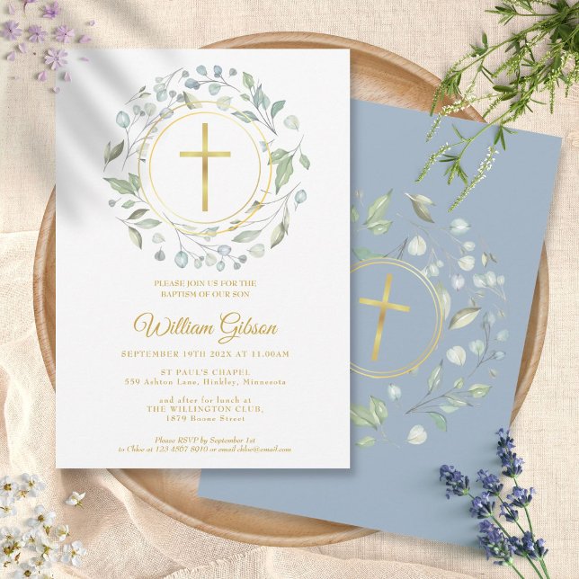 Invitation Baptême Christening Dusty Blue Garland Gold Cross (Créateur téléchargé)
