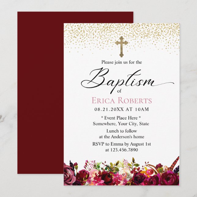 Invitation Baptême Christening Élégant Bourgogne Rouge Floral (Devant / Derrière)