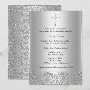 Invitation Baptême/Christening élégant en damas argenté & cro