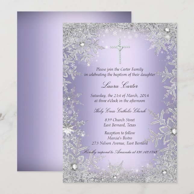 Invitation Baptême/Christening en cristal violet (Devant / Derrière)