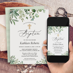 Invitation Baptême Christening   Eucalyptus Feuilles verdoyan