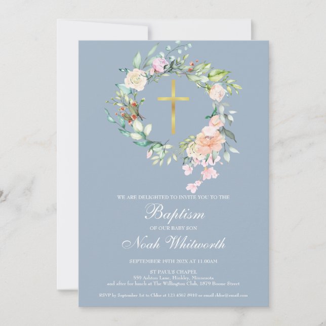 Invitation Baptême Christening Floral Garland Dusty Blue (Devant)