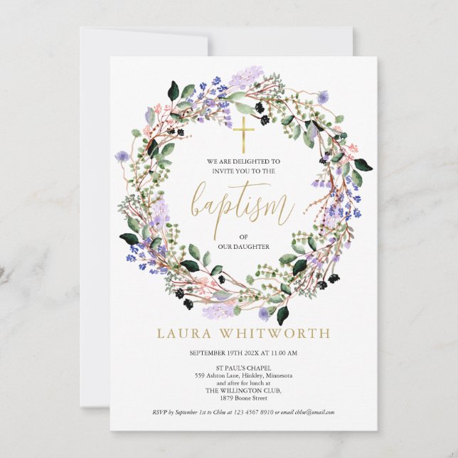 Invitation Baptême Christening Floral Lavender Garland (Devant)