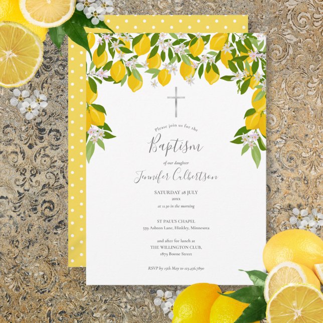 Invitation Baptême Christening Floral Lemons (Baptism Christening Floral Lemons Invitation)