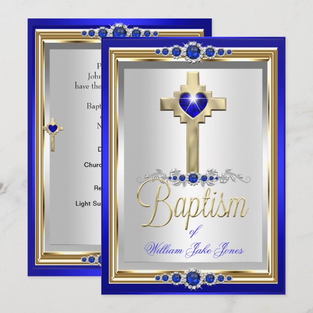 Invitation Baptême Christening Garçons ou Filles Croix Blue P (Devant / Derrière)