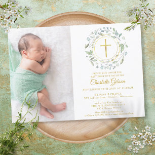 Invitation Baptême Christening Garland Gold Cross Photo