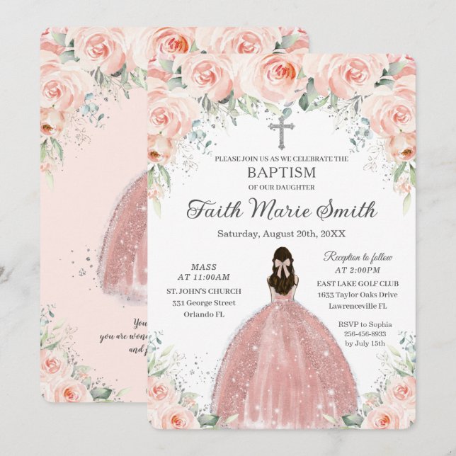 Invitation Baptême Christening Girl Blush Floral Roses Argent (Devant / Derrière)