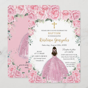 Invitation Baptême Christening Girl rose Floral Gold Cross