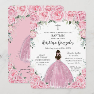 Invitation Baptême Christening Girl rose Floral Silver Cross
